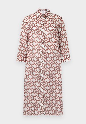 Long-sleeve button-down shirt dress with brown and white geometric pattern and collared neckline.