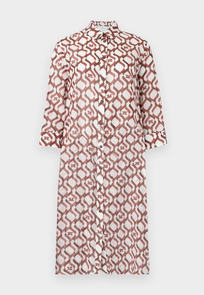 Φόρεμα πουκάμισο με μακριά μανίκια, καφέ και λευκό γεωμετρικό μοτίβο και γιακά.