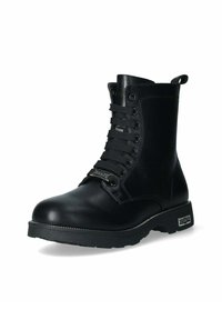 Stivale da combattimento in pelle nera con finitura opaca uniforme, design con lacci, punta rinforzata, suola in gomma e linguetta posteriore per facilitare la calzata.