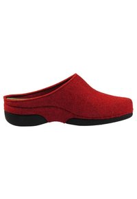 Red felt clog with a rounded toe and open back, featuring a black rubber sole and a smooth texture. No prominent patterns or accents.