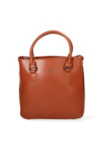 Borsa a tracolla in faux leather marrone con manici rotondi doppi, dettagli in metallo argentato e forma rettangolare strutturata. Chiusura superiore con zip.