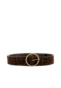Cintura con stampa leopardata realizzata in tessuto testurizzato con un design marrone e nero. Presenta una fibbia rotonda in tonalità oro e una fodera interna in pelle liscia.
