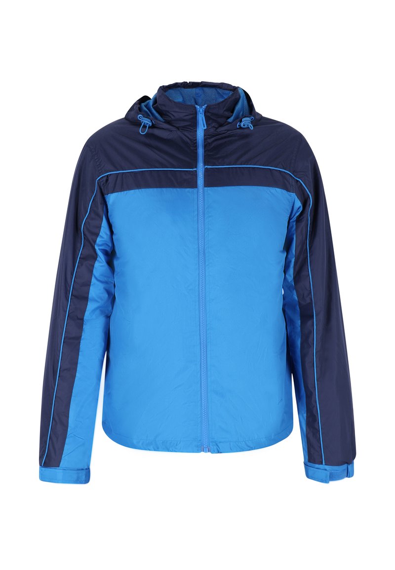 Chaqueta con capucha en azul y marino con cremallera frontal completa. Cuenta con costuras de color contrastante y cordones ajustables en la capucha.