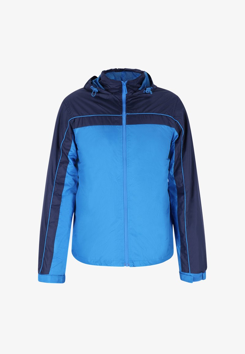 Chaqueta con capucha en azul y marino con cremallera frontal completa. Cuenta con costuras de color contrastante y cordones ajustables en la capucha.
