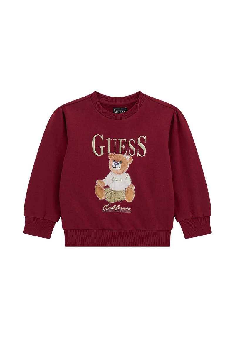 Bordeaux sweatshirt med en broderet teddy bjørn, "GUESS" logo og ribbede mansjetter og kant. Blødt bomuldsmateriale med en afslappet pasform.