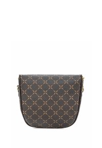 Czarna torba crossbody w ciemnym brązowym kolorze z powtarzającym się jasnobrązowym wzorem geometrycznym oraz złotymi metalowymi detalami po bokach.