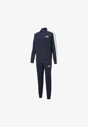 Donkerblauw Puma trainingspak met witte strepen op de mouwen, jas met rits, elastische boorden en Puma-logo's op borst en dij.