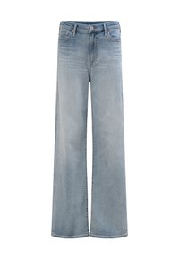 Hellblaue, hoch sitzende Jeans aus Denim mit weitem Bein, Knopfverschluss sowie vorderen und hinteren Taschen, auf weißem Hintergrund dargestellt.