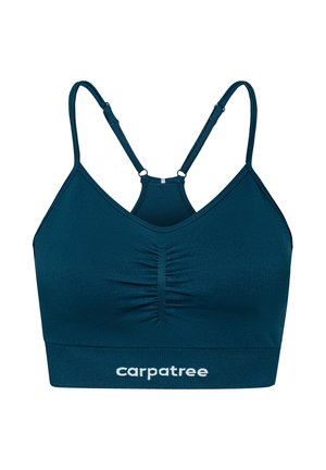 Teal modrček iz raztegljive tkanine, opremljen z nabranim središčem, nastavljivimi naramnicami in širokim pasom z belim logotipom "carpatree".