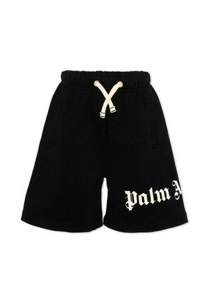 Pantaloncini neri in cotone con vita elastica, coulisse bianca, tasche laterali e testo bianco parziale "Palm A" su una gamba.
