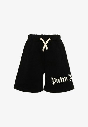 Czarne bawełniane szorty z elastycznym pasem, białym sznurkiem, bocznymi kieszeniami oraz częściowym białym napisem "Palm A" na jednej nodze.