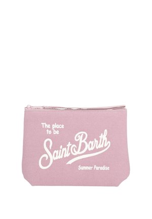 Pochette en tissu rose zippée avec texte blanc « The place to be Saint Barth Summer Paradise » centré sur le devant.