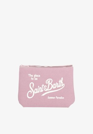 Bustina in tessuto rosa con zip e testo bianco "The place to be Saint Barth Summer Paradise" al centro sul davanti.