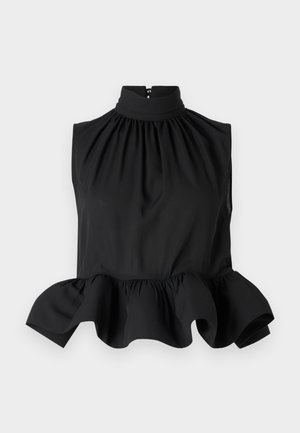 Top negru fără mâneci, cu gât înalt, țesătură plisată și un tiv volanat. Textură netedă cu un fermoar ascuns în spate.