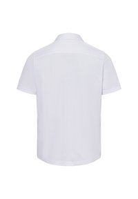Weißes Polo-Shirt mit kurzen Ärmeln aus glattem Stoff, mit klassischem Kragen und einem dezenten Rückennaht-Detail. Minimalistisches Design.