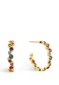Boucles d'oreilles en or en forme de créoles, ornées de pierres gemmes ovales et rondes multicolores disposées dans un design incurvé et lié avec une finition polie.