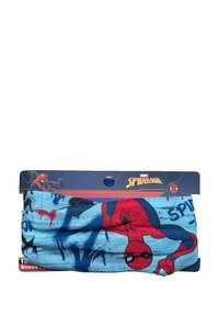 Snood in tessuto blu con un grafico di Spider-Man, dettagli rossi e un design testurizzato. Confezionato con una carta intestata colorata.