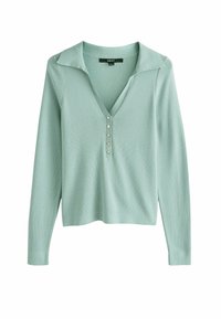 Pull en tricot vert menthe avec des manches longues, un col en V et un col. Comprend cinq boutons dorés sur le devant et un tissu texturé.