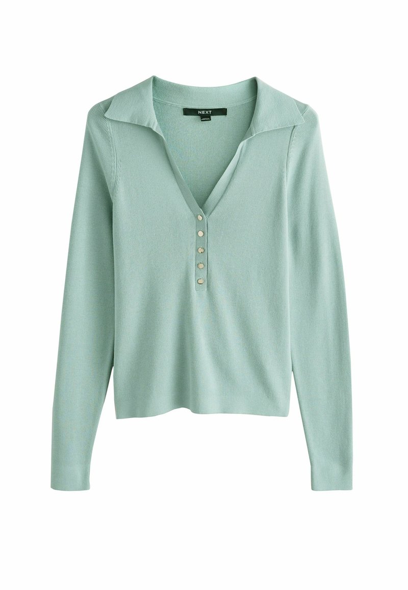 Pull en tricot vert menthe avec des manches longues, un col en V et un col. Comprend cinq boutons dorés sur le devant et un tissu texturé.