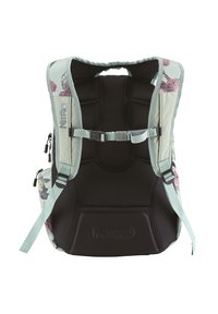 Rucksack mit Blumenmuster aus mintgrünem Stoff, verstellbaren gepolsterten Trägern, Mesh-Rückenstütze und schwarzem Bodenpanel. Mit Reißverschlusstaschen.