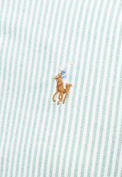 Ραβδωτό ύφασμα σε λευκό και πράσινο με μια μικρή καφέ κεντημένη λεπτομέρεια αλόγου και αναβάτη. Λείος υφή, κλασικός σχεδιασμός.