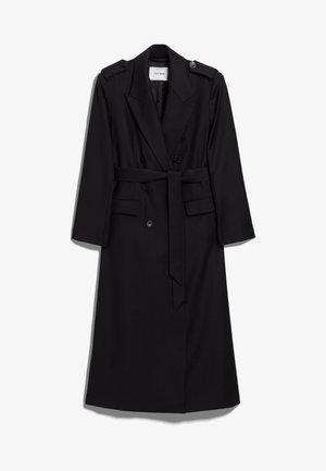 Zwarte lange trenchcoat van gladde stof, met een dubbelzijdig ontwerp, twee voorzakken, schouderepauletten en een tailleband.