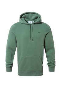 Green sweatshirt with a hood, long sleeves, front kangaroo pocket, and drawstrings. Features a small brand logo above the pocket.
