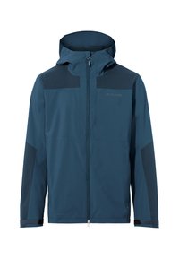 Giacca impermeabile blu con cappuccio, dotata di zip frontale, design a tinta unita e pannelli testurizzati a contrasting sulle spalle e sulle maniche.
