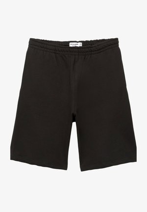 Pantaloni scurți casual negri cu talie elastică, design simplu și o etichetă de marcă albă mică plasată în mijlocul benzii elastice din spate.