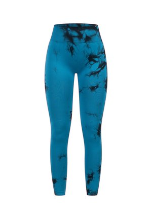 Højtaljede, hele længde leggings med en blå base og et sort tie-dye mønster i hele stoffet.