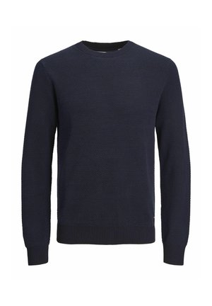 Pull en bleu marine à col rond avec un motif tricoté texturé, des poignets et un bas côtelés, sans logos ni embellissements visibles.