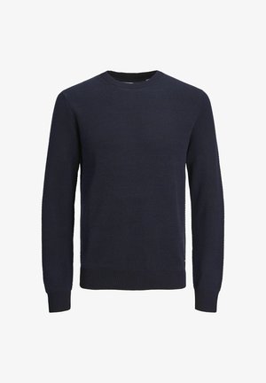 Tumed sinine ümar kaelusega kampsun, millel on struktureeritud kudumismuster, ribatud varrukaotsad ja alus ning ilma nähtavate logode või kaunistusteta.