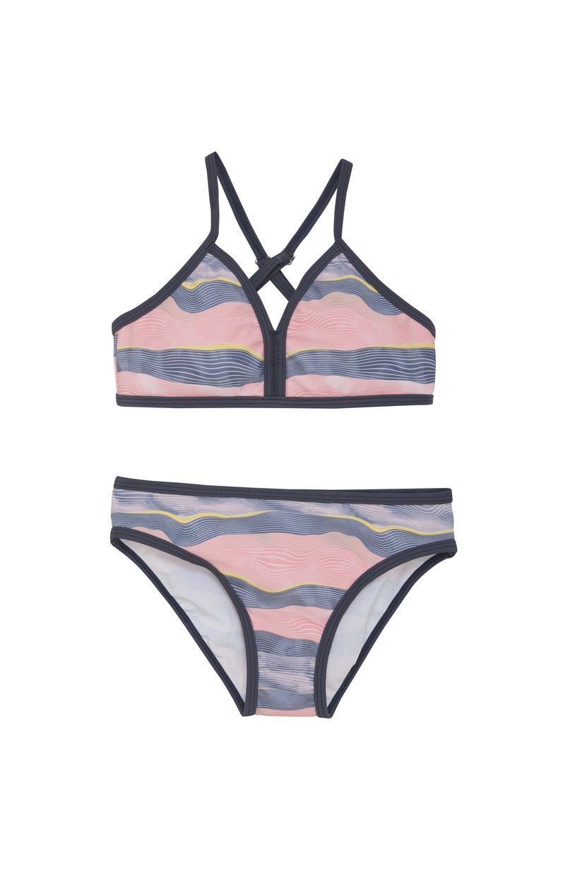 Twee-delig bikini set van zacht materiaal. Het topje heeft kruislings verstelbare banden, roze en blauwe golvende strepen, met vaste marineblauwe accenten. De onderkant is bijpassend.