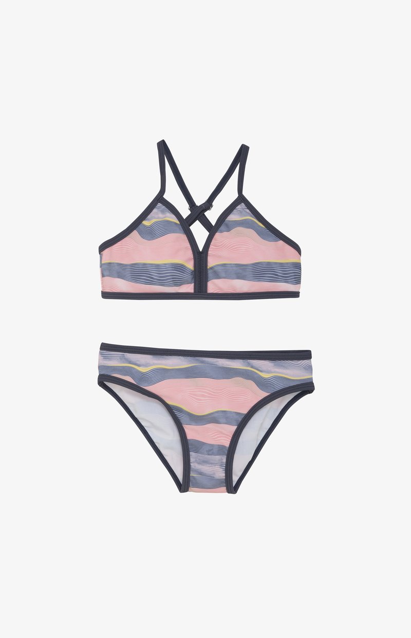 Twee-delig bikini set van zacht materiaal. Het topje heeft kruislings verstelbare banden, roze en blauwe golvende strepen, met vaste marineblauwe accenten. De onderkant is bijpassend.