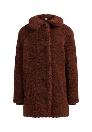 Manteau teddy marron texturé avec manches longues, fermeture boutonnée devant et petit col, en tissu épais et doux pour temps froid.