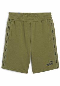 Olivengrønne shorts med snor i taljen, sidelommer og sorte logo-detaljer på kanten og siderne. Blød, jersey-lignende tekstur.
