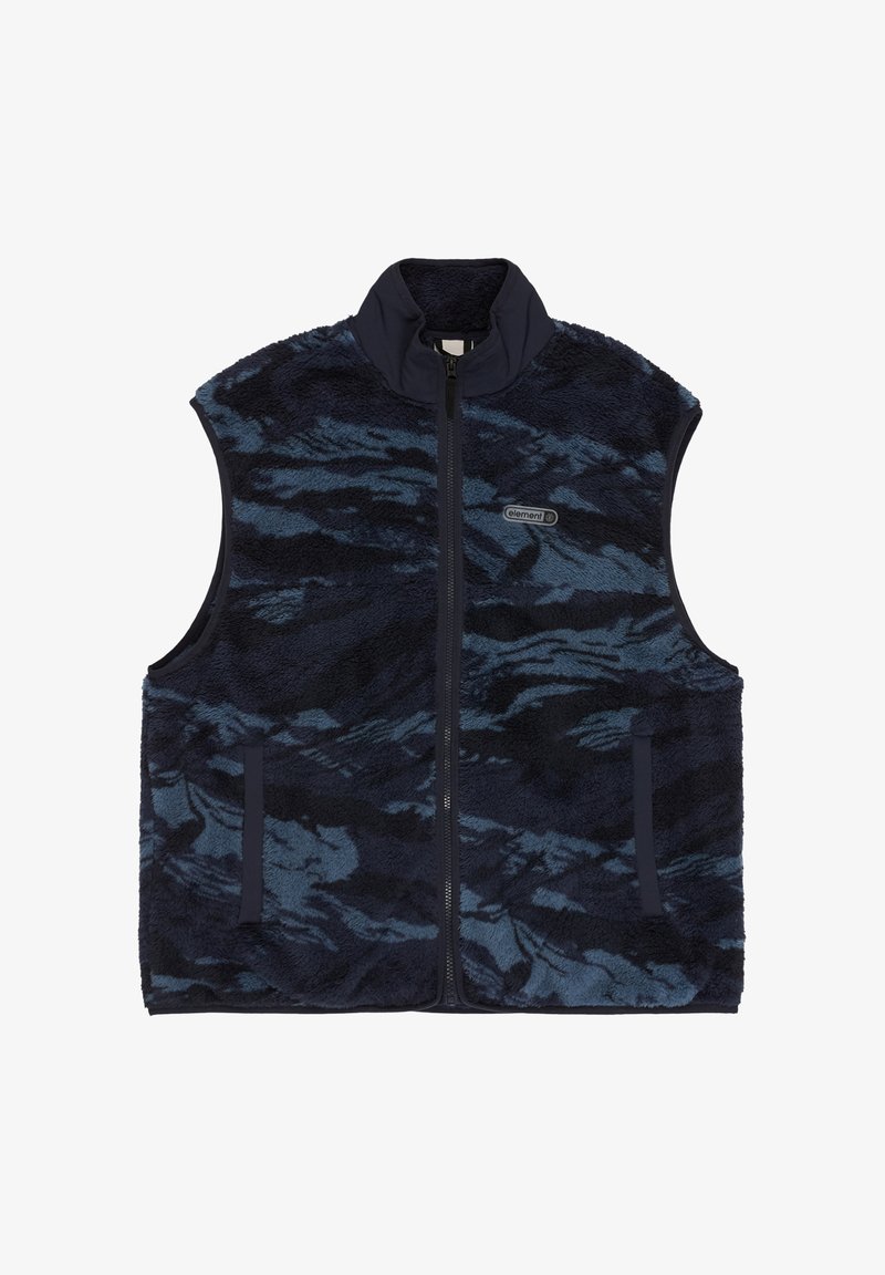 Gilet smanicato in pile blu navy e nero con motivo, cerniera frontale, collo alto, due tasche laterali e logo "element" sul petto.