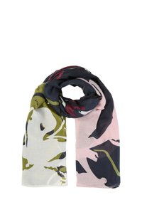 Écharpe légère avec un motif floral abstrait dans des tons de marine, vert olive, rose poudré et crème, avec une texture douce et lisse.