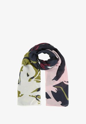 Lichtgewicht sjaal met een abstract bloemmotief in tinten van marineblauw, olijfgroen, blushroze en roomwit, met een zachte, gladde textuur.