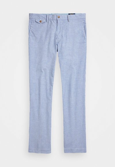 Cotton blend trousers featuring vertical blue and white stripes, a straight cut, with two front pockets and button accents.