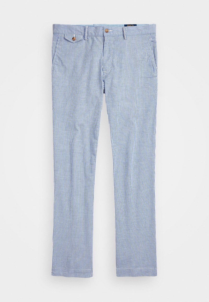Pantaloni in misto cotone caratterizzati da righe verticali blu e bianche, con taglio dritto, due tasche frontali e dettagli con bottoni.