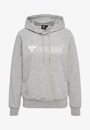 Lys grå hættetrøje lavet af blødt stof. Funktionen omfatter en kengurulomme, hætte med snøre og hvidt logo trykt på forsiden. Raglanærmedesign.