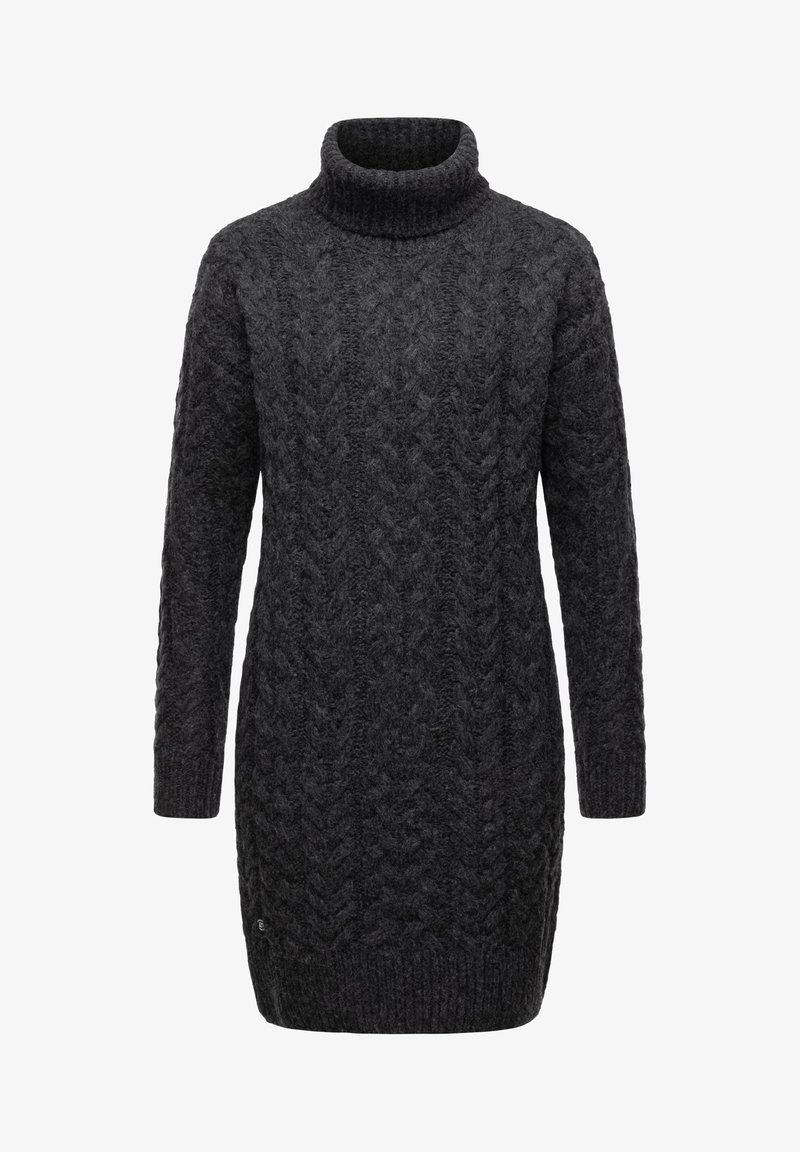 Pull à col roulé en maille torsadée gris foncé, doté de manches longues, d'un motif texturé et d'une coupe décontractée, fabriqué à partir d'un mélange de laine douce.