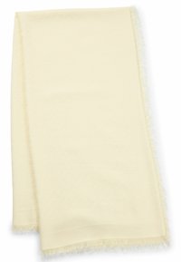 Light yellow scarf made of soft fabric, featuring a fringe trim along the edges and a smooth texture with subtle patterns.