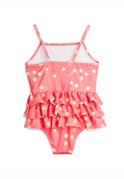 Maillot de bain rose pour tout-petit avec motifs d'étoiles filantes blanches, jupe à volants à double couche et fines bretelles.