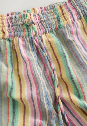 Mehrfarbiger gestreifter Stoff mit einem gesammelten elastischen Bund und Kordelzug, in den Farbtönen Gelb, Grün, Pink und Blau.