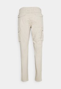 Beige cargo kalhoty vyrobené z bavlny, s dvěma předními kapsami, dvěma bočními kapsami a rovnou nohavicovou siluetou. Hladká textura, standardní pas.