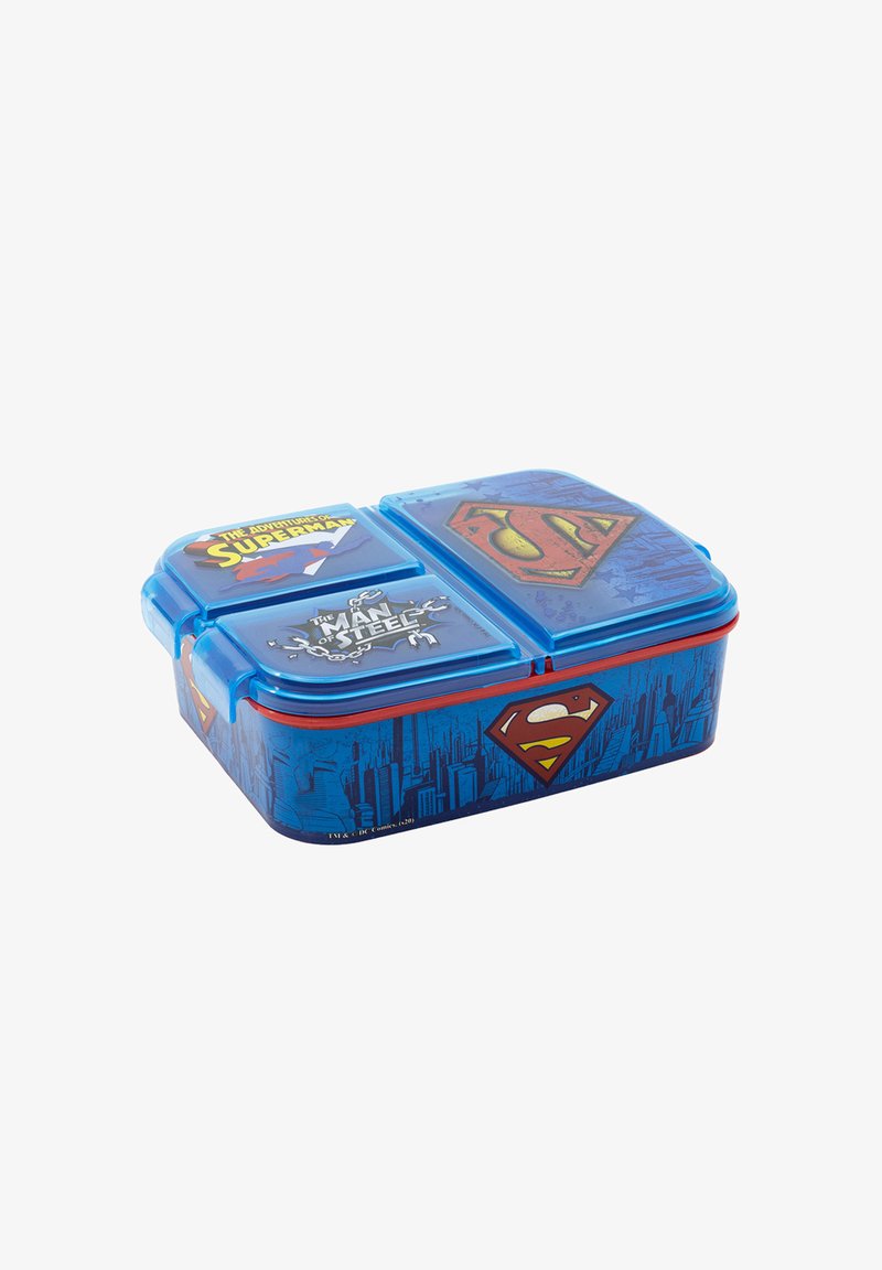Blue plastic lunch box with a divided interior, featuring Superman graphics on the lid and side, red accents, and a secure latch.
