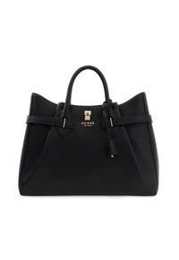 Borsa a mano in pelle nera con design strutturato, dotata di due manici superiori, accessori in tono dorato e un nappina decorativa. Logo ben visibile.