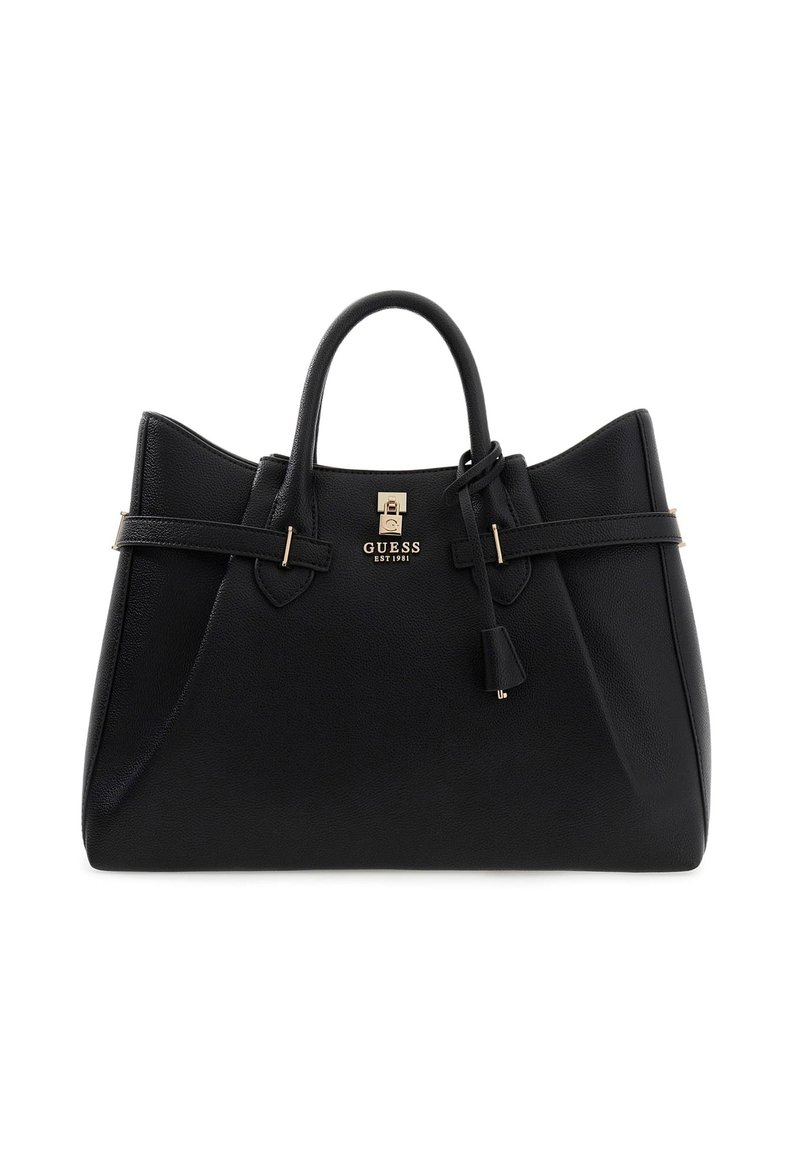 Borsa a mano in pelle nera con design strutturato, dotata di due manici superiori, accessori in tono dorato e un nappina decorativa. Logo ben visibile.